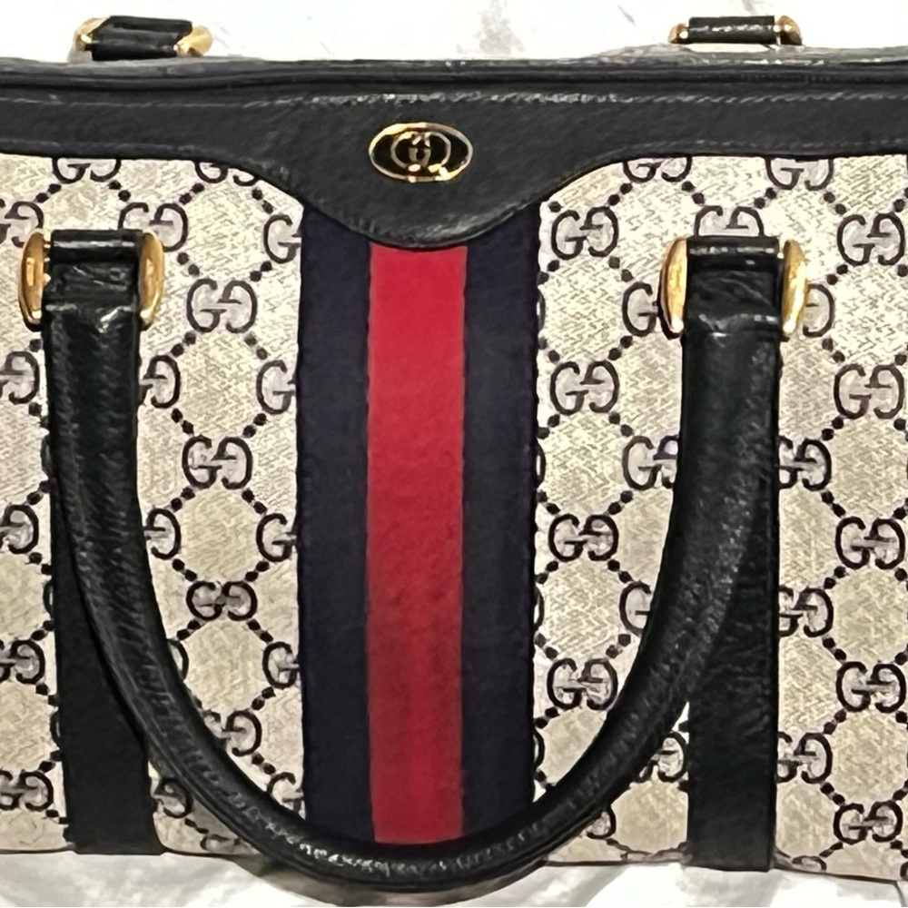 Rare, Authentic Vintage Navy Blue Gucci Boston GG Monogram Bag